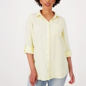 Side Stitch 100% Cotton Spring Yellow Long Sleeve Button-Down Women's Top